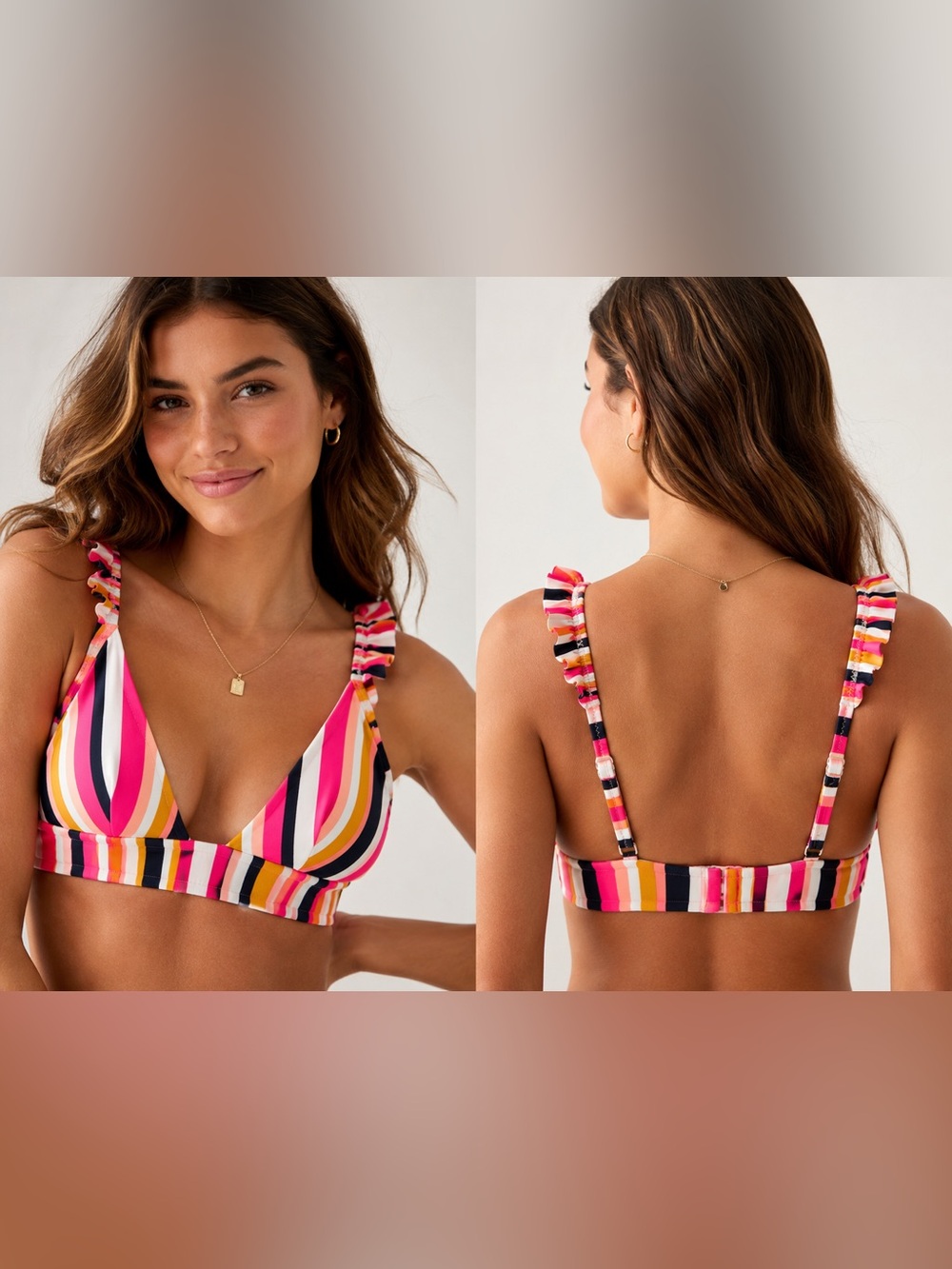 aerie Striped Triangle Ruffle Strap Bikini Top in Pink, Yellow, White, Black XL